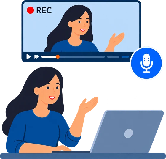 Presenter being recorded at a laptop with a microphone
